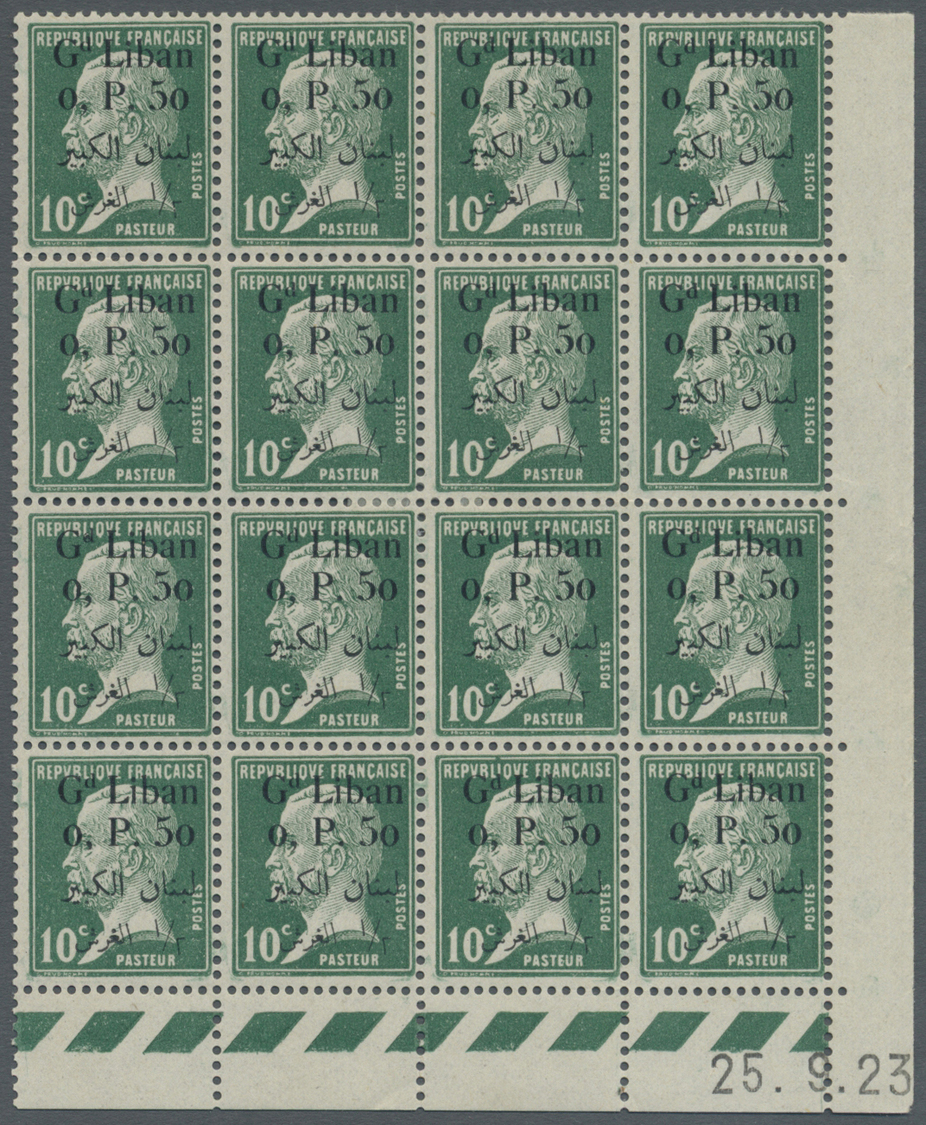 **/* Libanon: 1924, 0.50pi. On 10c. Green, Plate Block Of 16 From The Lower Right Corner Of The Sheet With Coins Date "2 - Liban