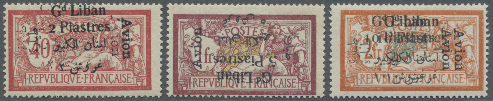 * Libanon: 1924, Airmails, 2pi. On 40c. And 10pi. On 2fr. Each With Double Overprint, 5pi. On 1fr. With Inverted Overpri - Lebanon