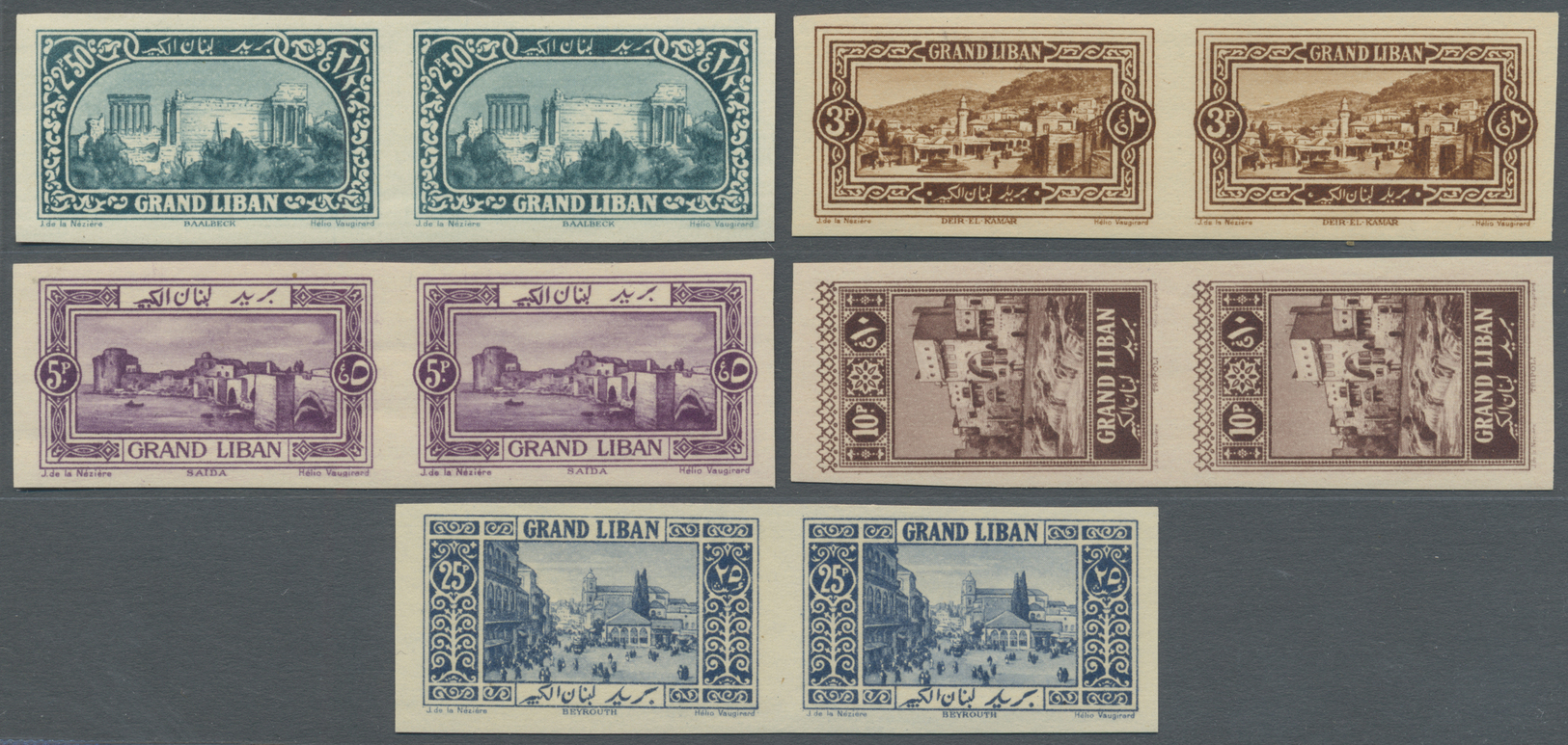 ** Libanon: 1925, Definitives "Views Of Lebanon", 0.10pi. To 25pi., Complete Set Of 13 Values As IMPERFORATE Horiz. Pair - Liban