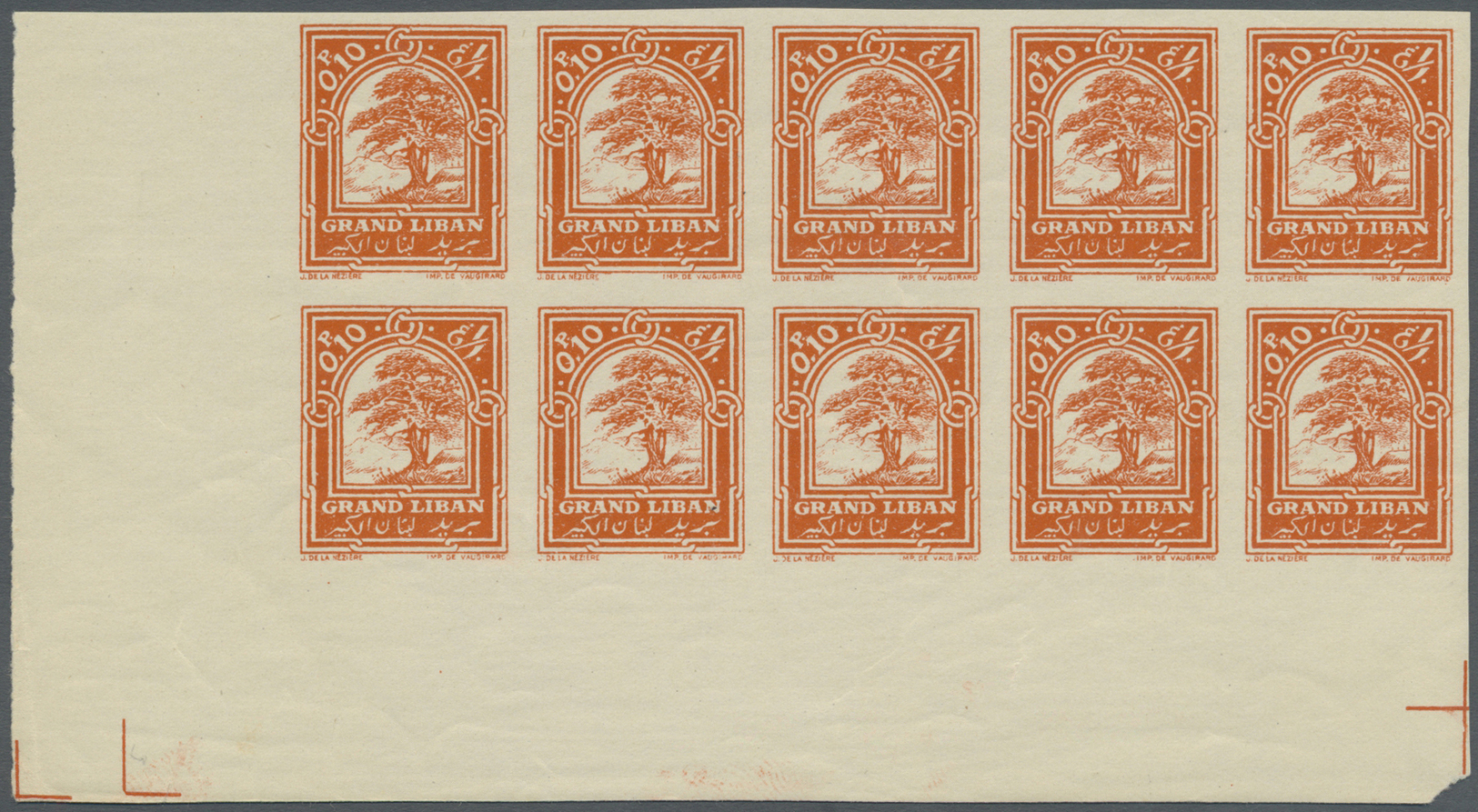 ** Libanon: 1925, 0.10pi. Cedar Tree, Imperforate Proof In Orange, Issued Design, Marginal Block Of Ten From The Lower L - Lebanon