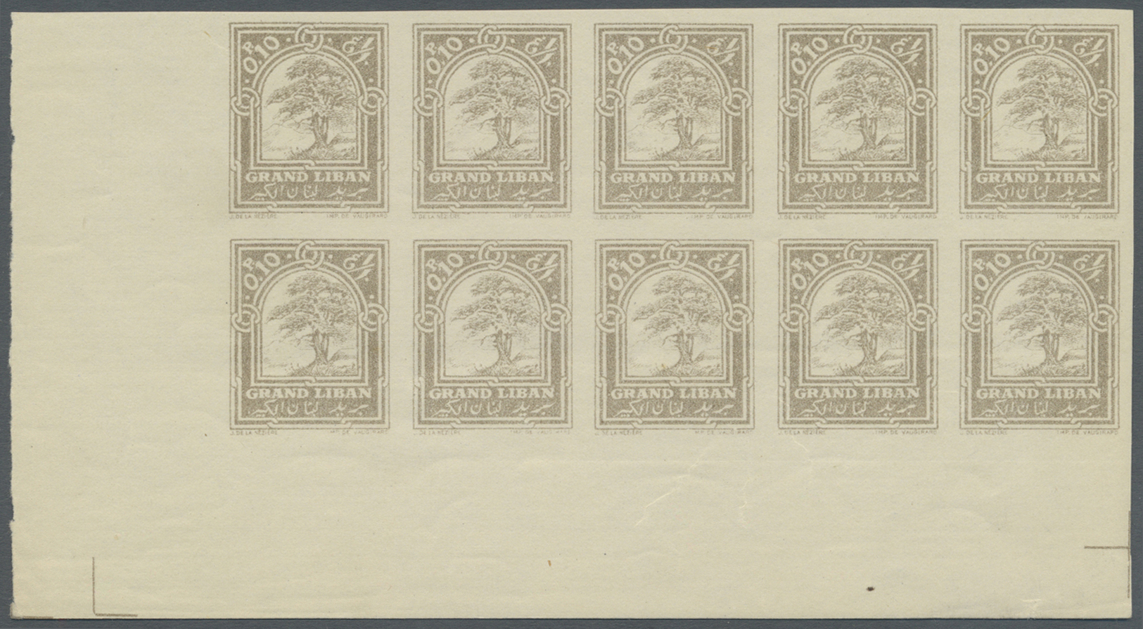 ** Libanon: 1925, 0.10pi. Cedar Tree, Imperforate Proof In Light Grey, Issued Design, Marginal Block Of Ten From The Low - Lebanon