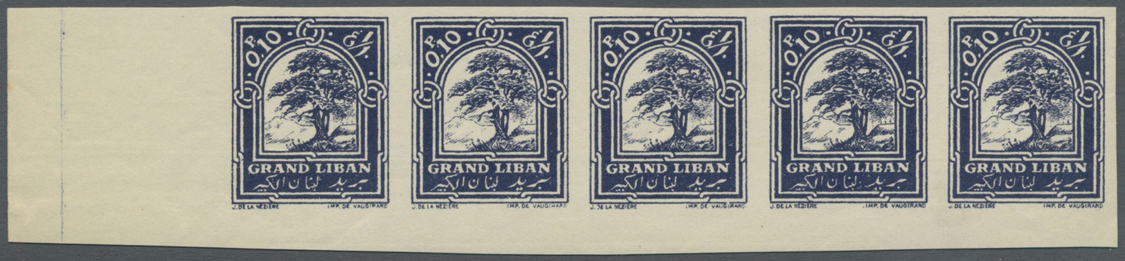 **/* Libanon: 1925, 0.10pi. Cedar Tree, Imperforate Proof In Issued Colour/design, Left Marginal Horiz. Strip Of Five, M - Liban