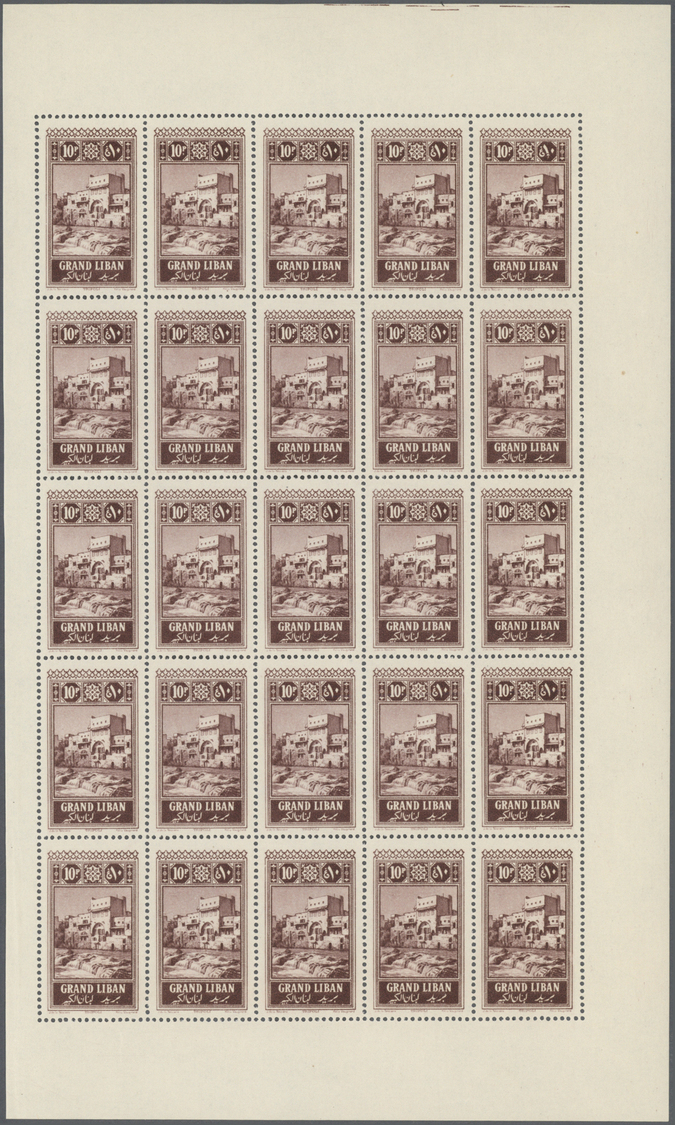 ** Libanon: 1925, Definitives "Views of Lebanon", 2.50pi. to 25pi., five values as sheets of 25 stamps each, unmounted m