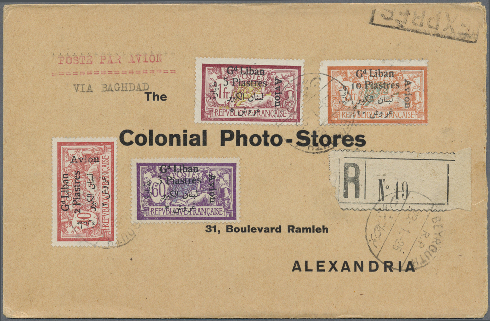 Br Libanon: 1925-29, Air Mail Cover "BEYROUTH - BAGHDAD - ALEXANDRIA 23/1/25" & First Flight Cover "BEYROUTH MARSEILLE 3 - Lebanon