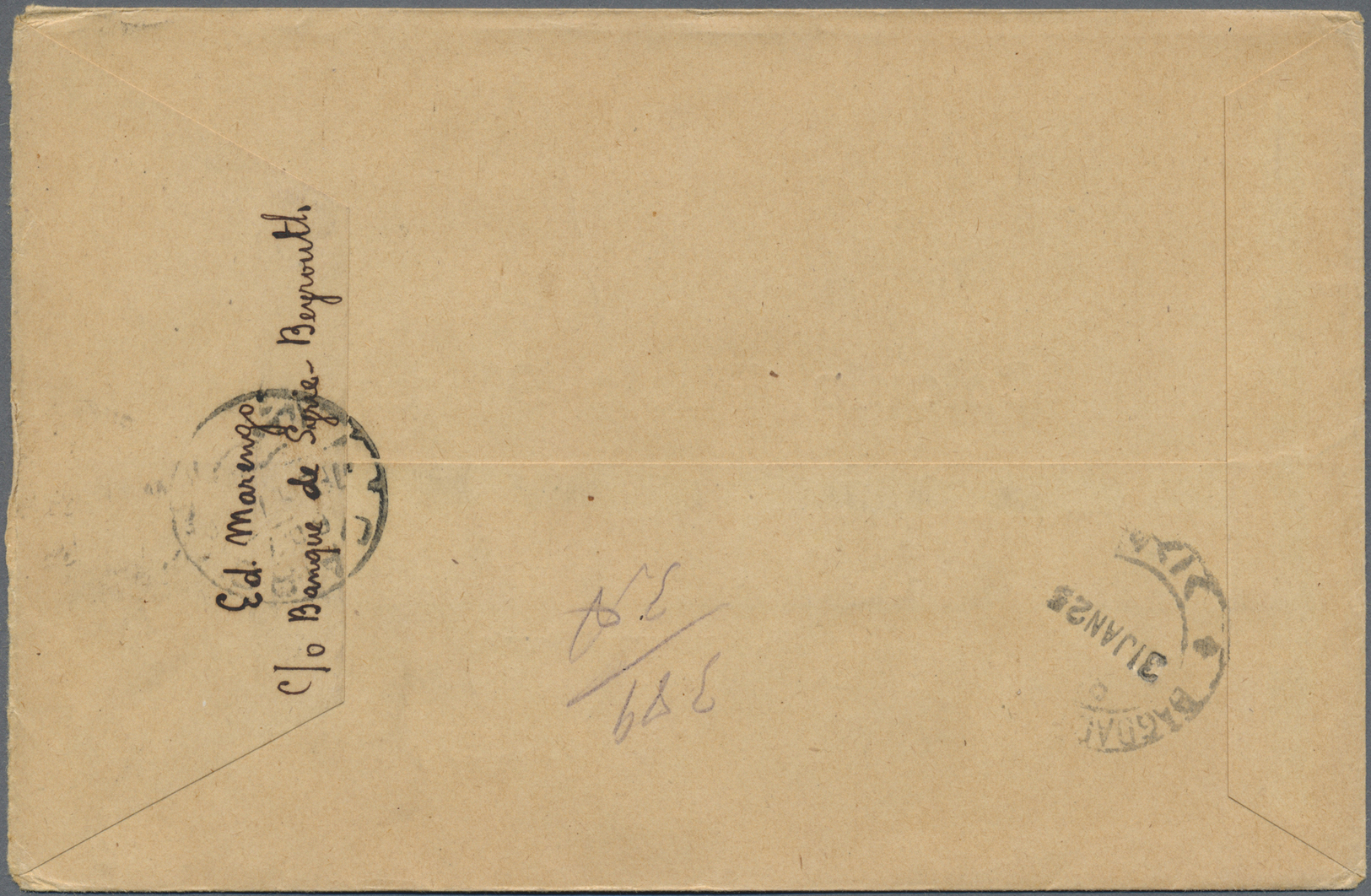 Br Libanon: 1925-29, Air Mail Cover "BEYROUTH - BAGHDAD - ALEXANDRIA 23/1/25" & First Flight Cover "BEYROUTH MARSEILLE 3 - Lebanon