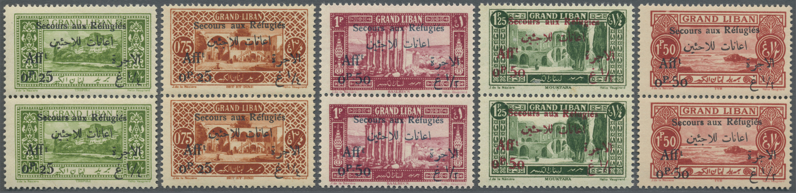 ** Libanon: 1926, War Refugee Relief, 0.50pi. + 0.25pi. To 1.50pi + 0.50pi., Five Values As Vertical Pair, One Stamp Eac - Lebanon