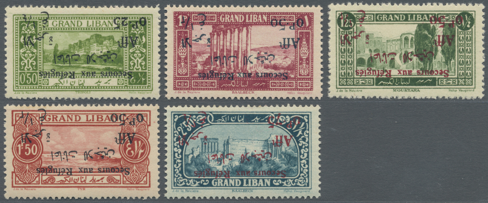 ** Libanon: 1926, War Refugee Relief, Group Of Five Values With Inverted Overprint, Unmounted Mint. Maury 64c, 66d, 67d, - Lebanon