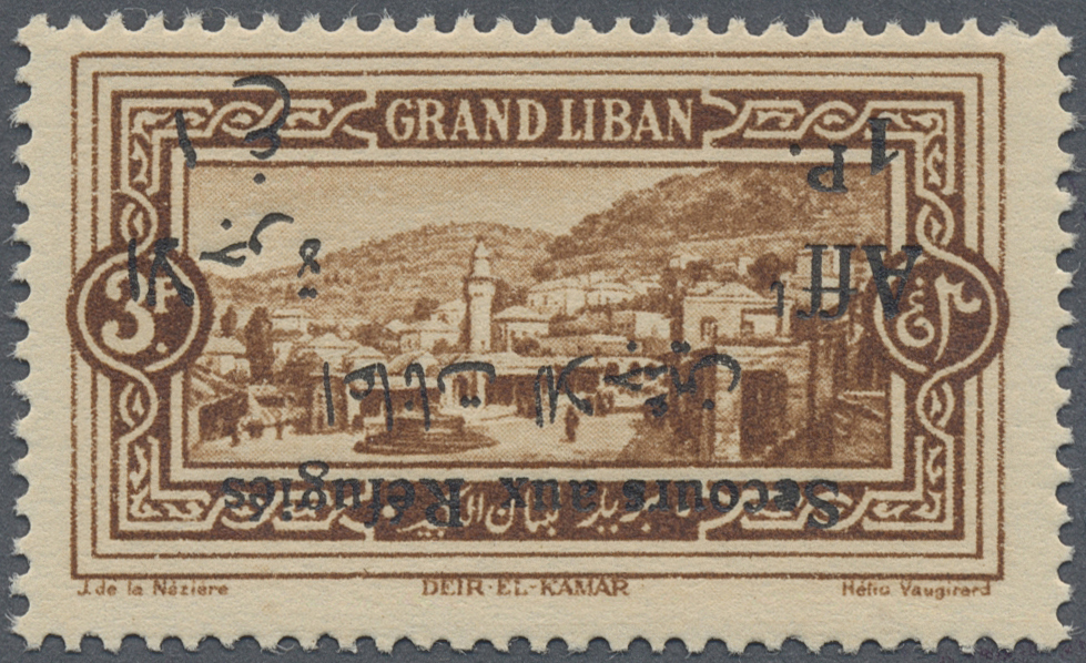 ** Libanon: 1926, War Refugee Relief, 3pi. + 1pi. Brown With INVERTED BLACK Overprint (essai), Unmounted Mint. Maury 71, - Lebanon