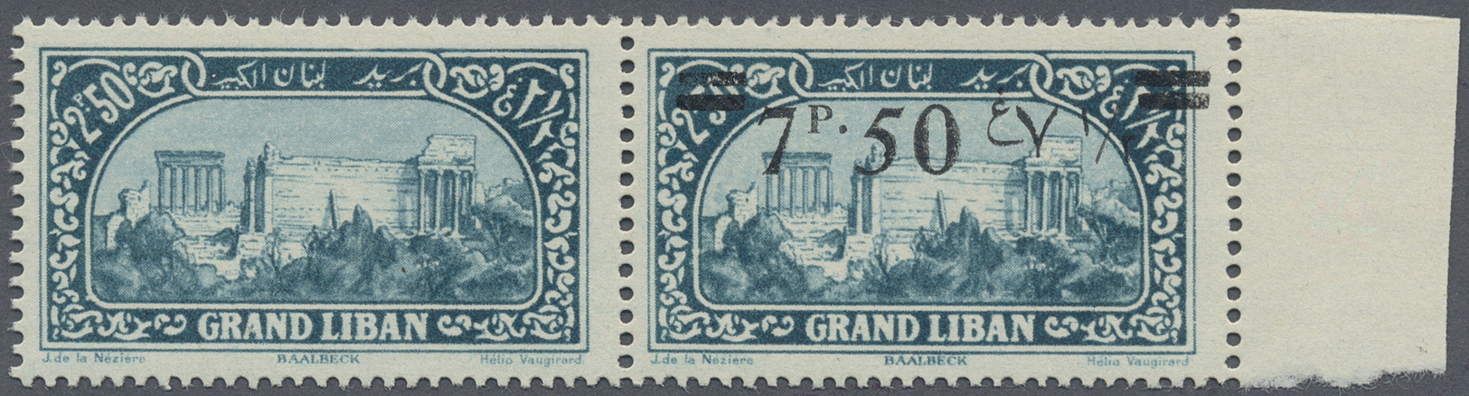 ** Libanon: 1926, 7.50pi. On 2.50pi. Greenish Blue, Horiz. Pair, Left Stamp Without Overprint (albino Printing Only), Un - Lebanon