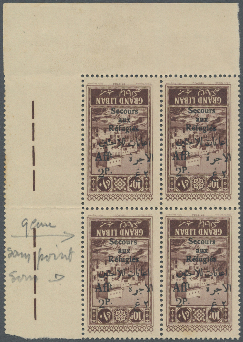 ** Libanon: 1926, 2p. On 10p. Brown Corner Margin Block Of Four Showing Inverted Overprint "Secours Aux Refugies", Mint - Lebanon