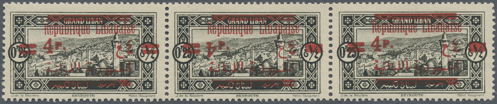 ** Libanon: 1928, 4pi. On 0.25pi. Greenish Black, Horiz. Strip Of Three, Centre Stamp Showing Variety "inverted "4" Of S - Liban