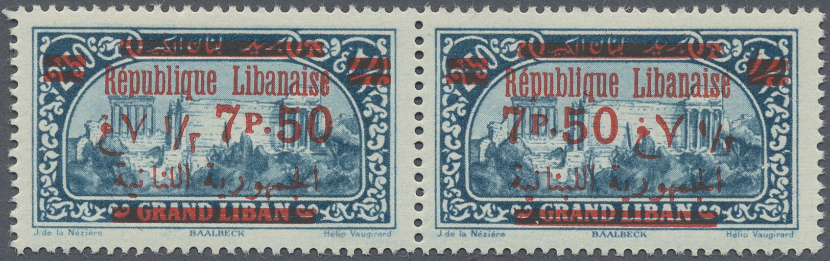 **/* Libanon: 1928, 7.50pi. On 2.50pi. Greenish Blue, Horiz. Pair, Left Stamp Showing "French And Arabic Ciphers Transpo - Lebanon