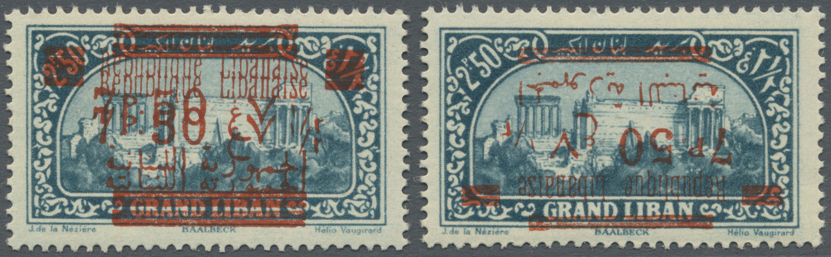 ** Libanon: 1928, 7.50pi. On 2.50pi. Greenish Blue, Two Stamps With Varieties: "Inverted Overprint" Unmounted Mint And " - Lebanon