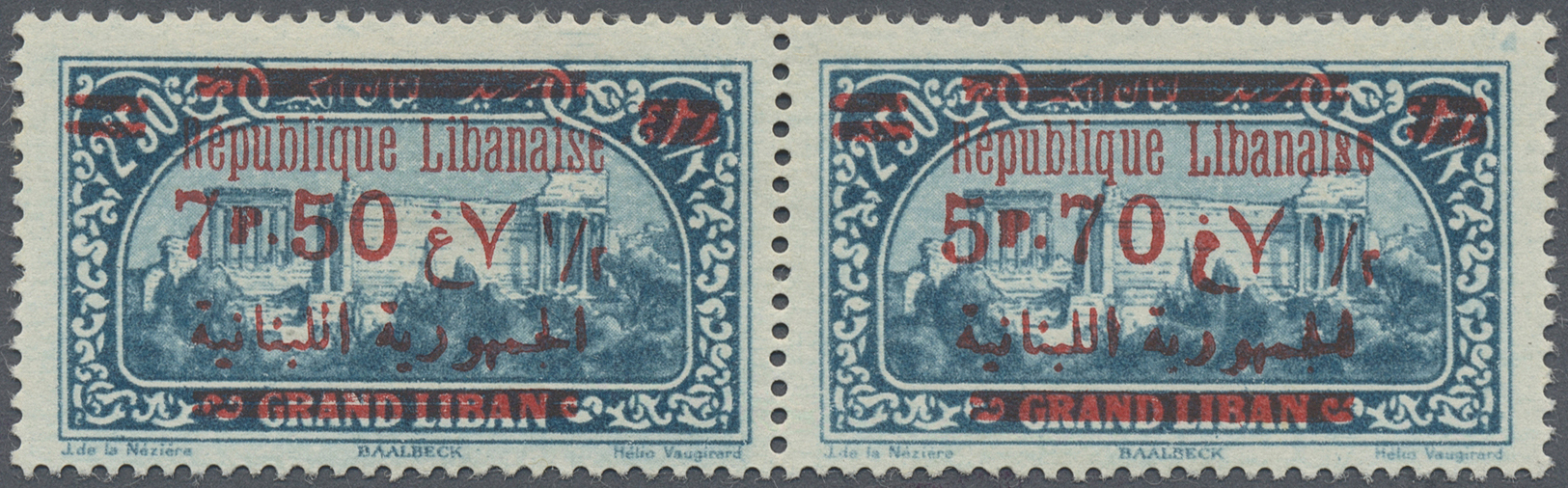 * Libanon: 1928, 7.50pi. On 2.50pi. Greenish Blue, Horiz. Pair, Right Stamp Showing "5.70pi.", Mint O.g. Very Rare Varie - Lebanon