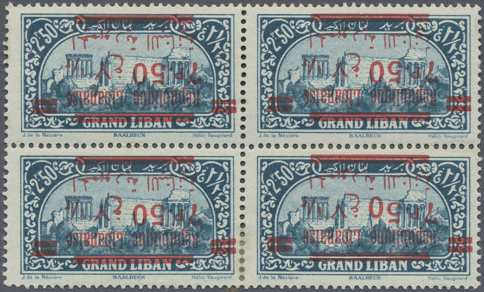 * Libanon: 1928, 7.50pi. On 2.50pi. Greenish Blue, Block Of Four With Inverted Overprint, Lower Right Stamp With Downwar - Lebanon
