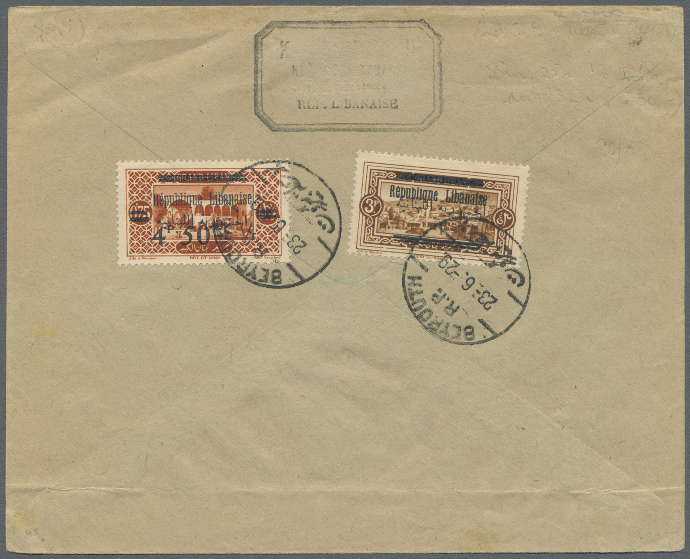 Br Libanon: 1929, Airmail Cover From "BEYROUTH 23.6.29" To Berne/Switzerland, Bearing Seven Airmail Stamps On Front And - Liban
