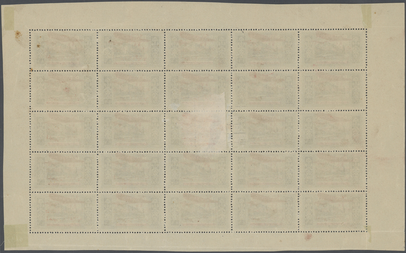 */** Libanon: 1929, Airmails, 0.50pi. Yellow-green, Pane Of 25 Stamps, Centre Stamp Having Been Reinforced  From Reverse - Lebanon