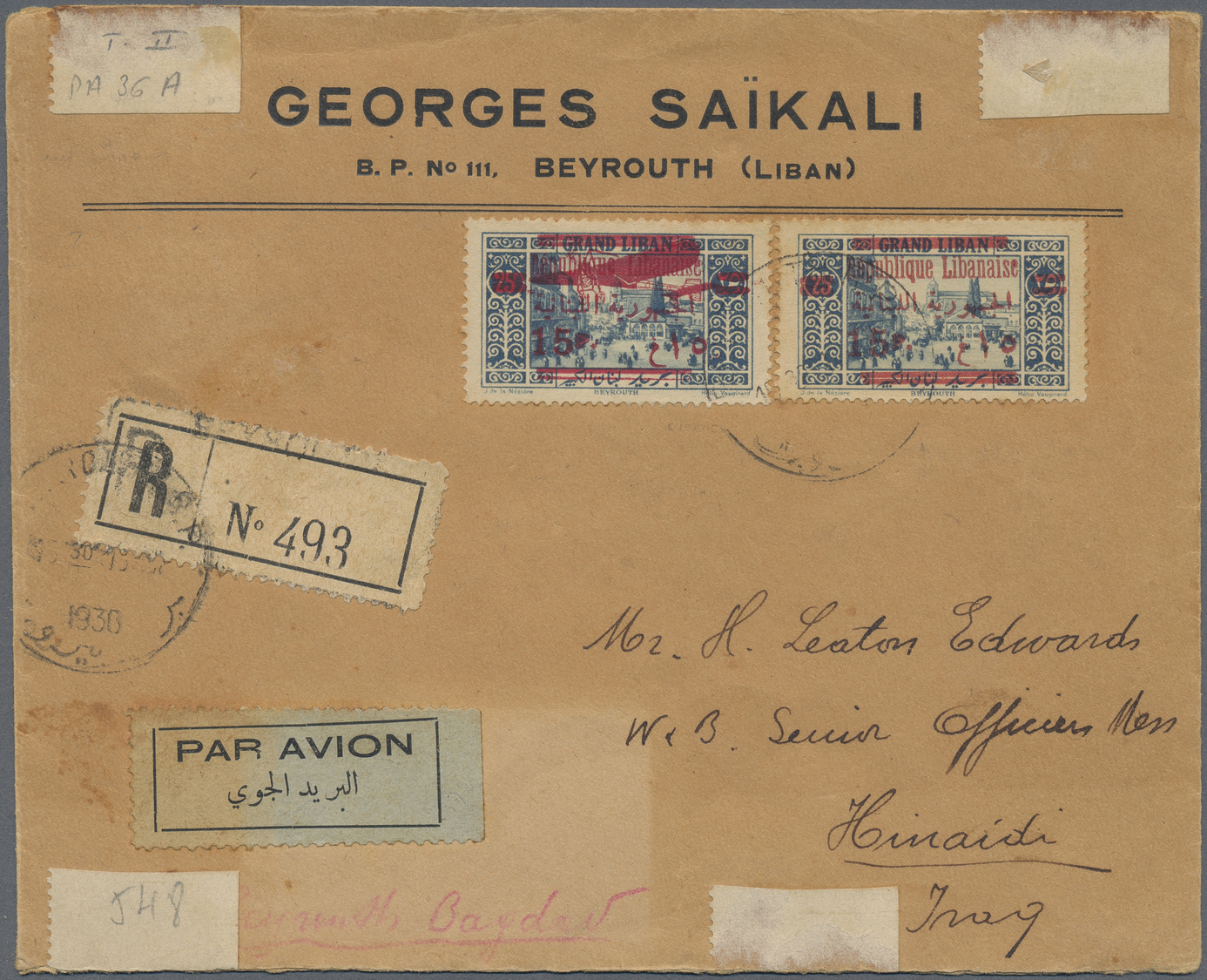 Br Libanon: 1929, Airmails 15pi. On 25pi. "Small Cipher 15" In Combination With 1928 15pi. On 25pi. Type II, On Register - Liban