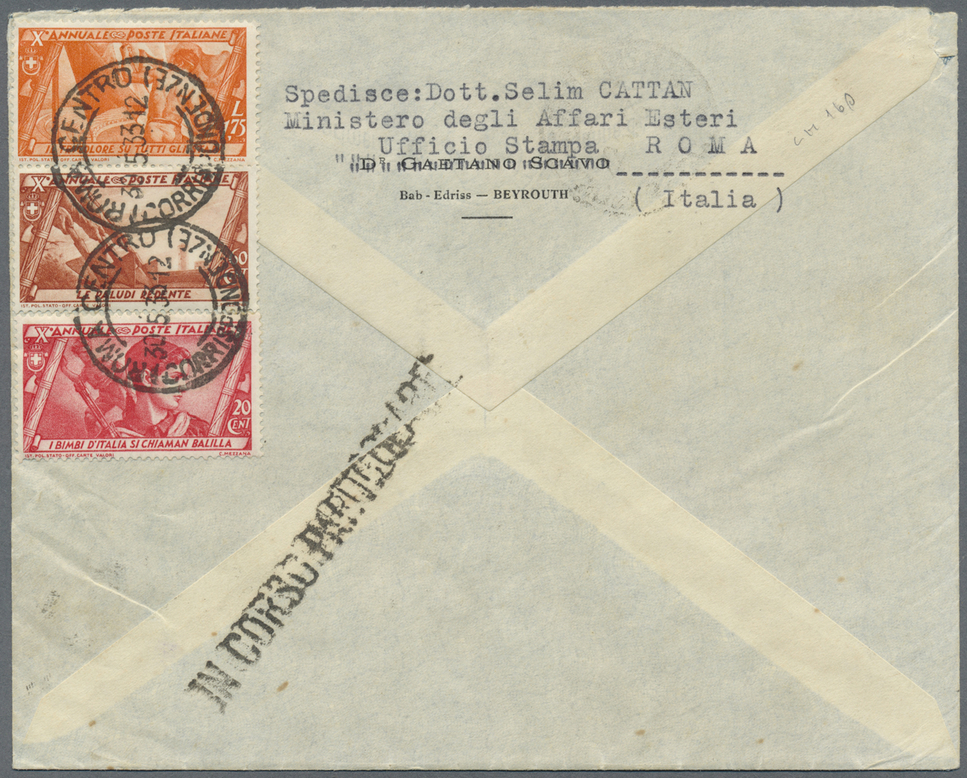 Libanon: 1933, Rich Franked Registered Airmail Letter Bearing Mi. 144(2), 145(4), 149(2), 152(3) And Three Italian Stamp - Liban