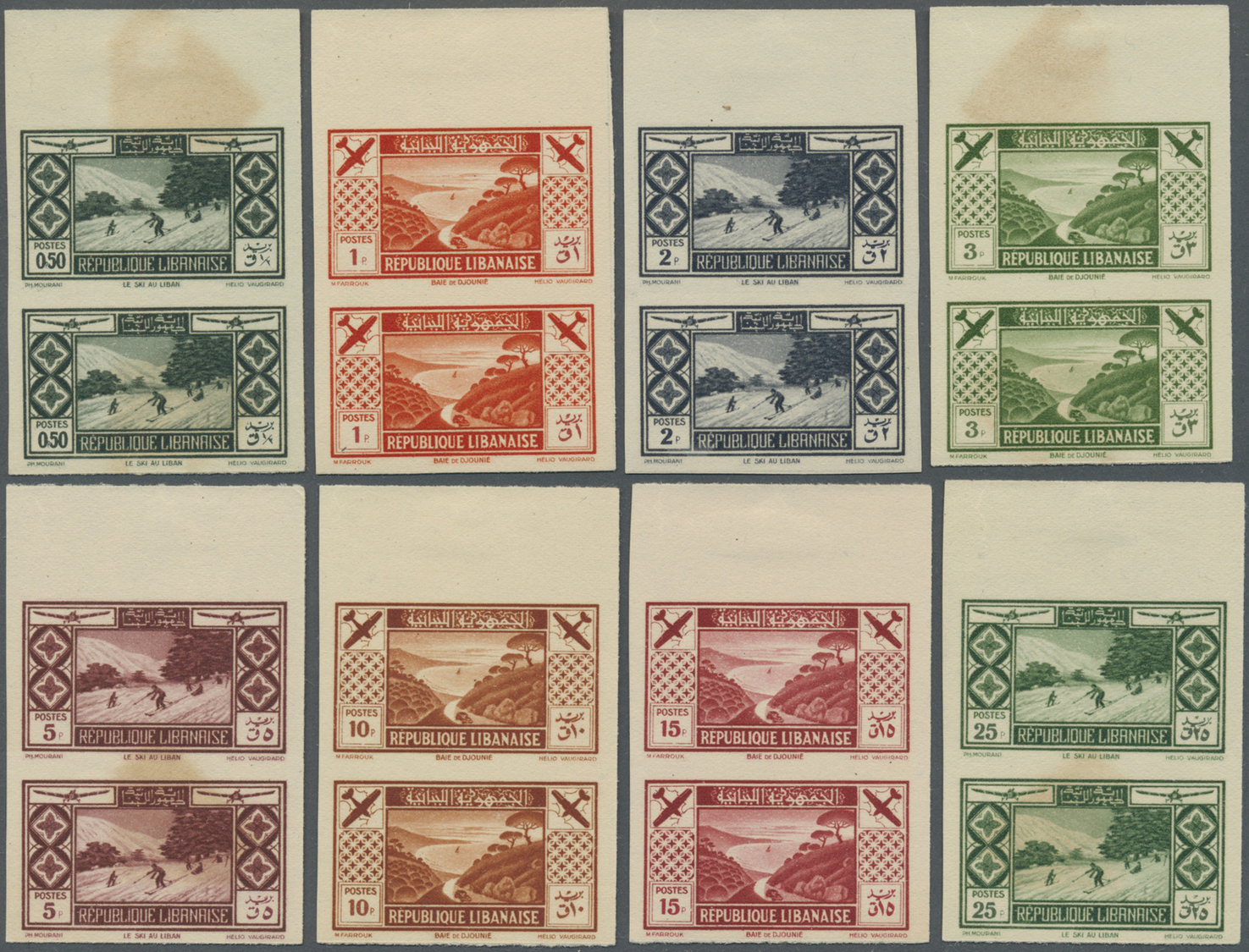 ** Libanon: 1936, Tourism, Complete Set Of Eight Values As IMPERFORATE Top Marginal Vertical Pairs, Unmounted Mint And H - Liban