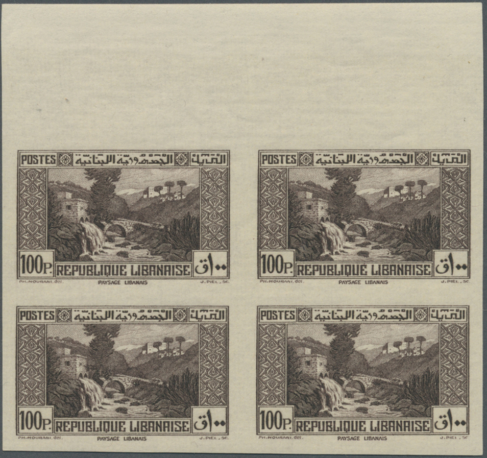 ** Libanon: 1937/1940, Definitives 0.10pi. To 100pi., 16 Values Complete (excl. 7.50pi.), IMPERFORATE Blocks Of Four, Un - Liban