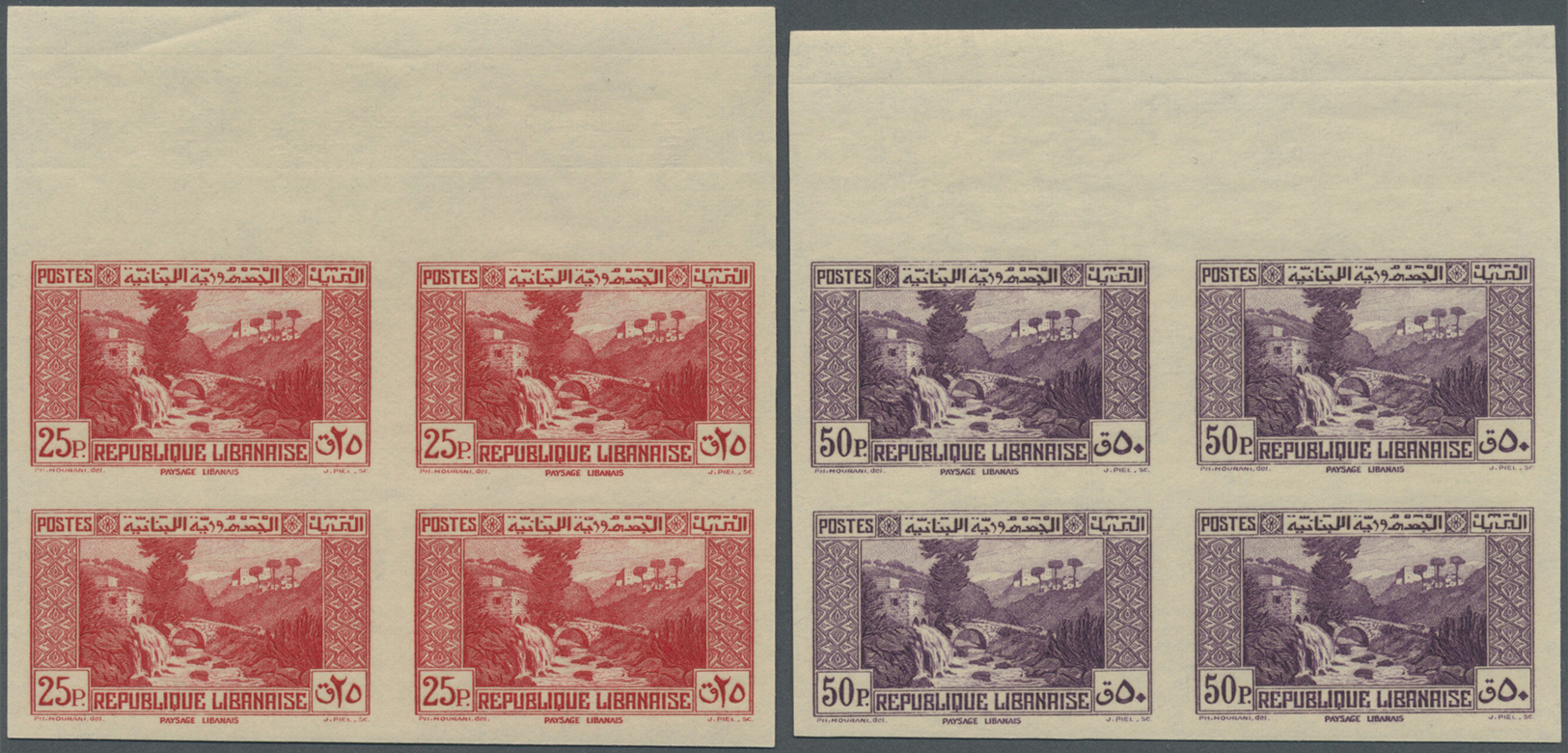 ** Libanon: 1937/1940, Definitives 0.10pi. to 100pi., 16 values complete (excl. 7.50pi.), IMPERFORATE blocks of four, un