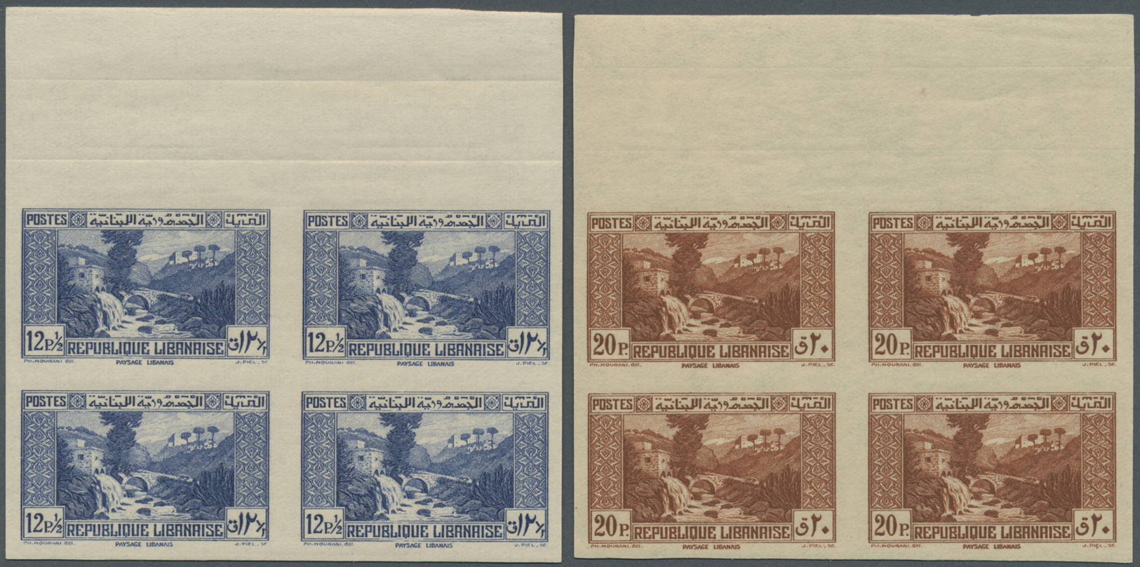 ** Libanon: 1937/1940, Definitives 0.10pi. to 100pi., 16 values complete (excl. 7.50pi.), IMPERFORATE blocks of four, un