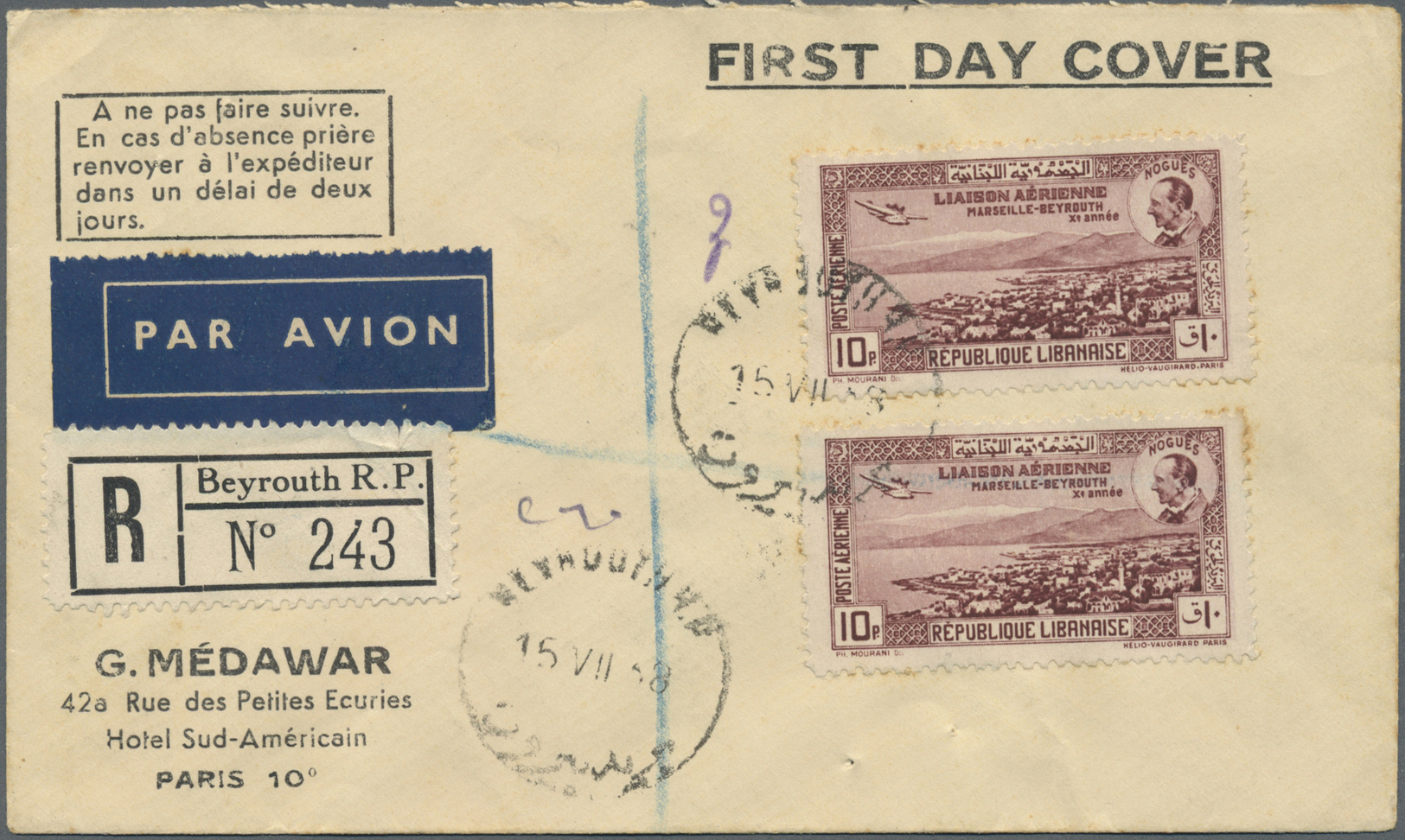 Libanon: 1938, 10th Anniversary First Flight Marseille-Beirut, 10pi. Brownish Lilac, Two Copies (toned Perfs) On Registe - Liban