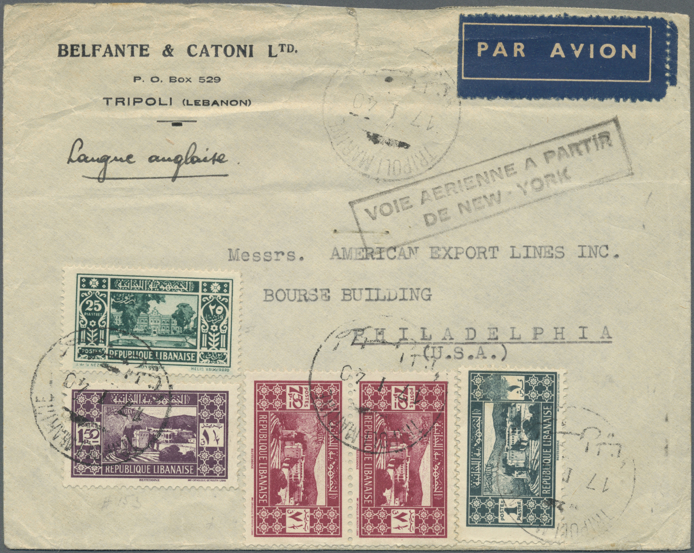 Br Libanon: 1940, Commercial Airmail Cover From "TRIPOLI 17 I 40" To Philadelphia/USA, Backstamped By Beyrouth Machine M - Lebanon