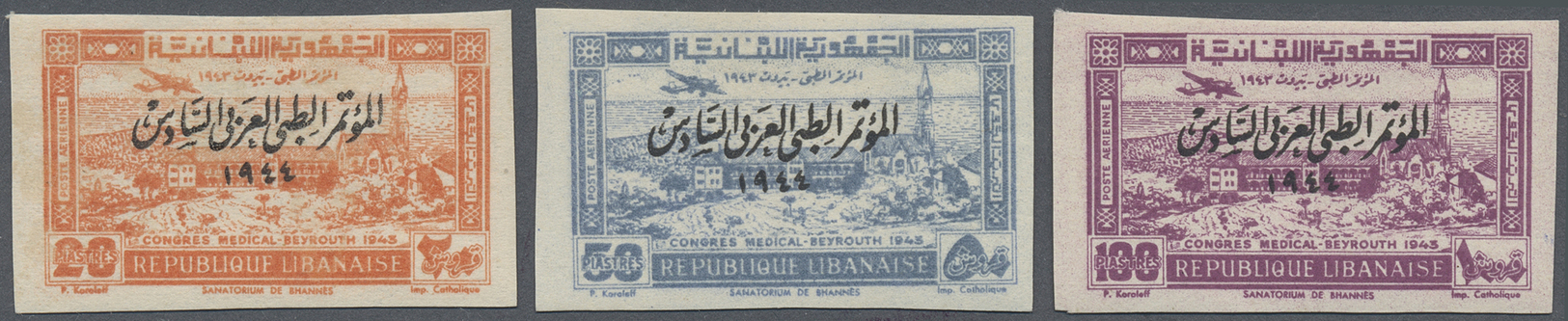 * Libanon: 1943, Medical Congress Beiruth 1944 Complete Set Of 3 Imperf Air Mail Values, Mint Light Hinged, Very Fine, A - Lebanon