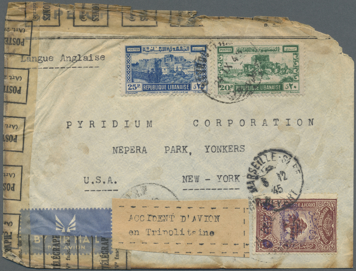 Br Libanon: 1945 (September 30), Label "ACCIDENT D'AVION / En Tripolitaine" On Cover Sent From Lebanon To New York, Scor - Lebanon