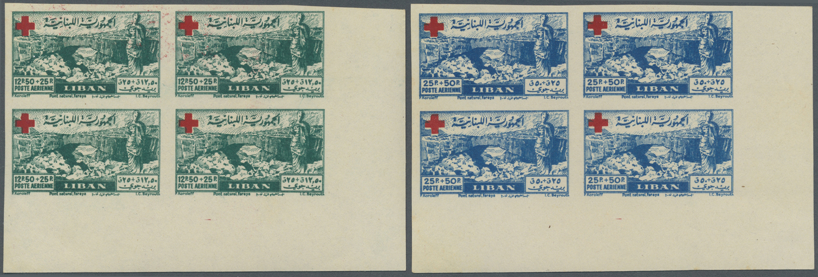 ** Libanon: 1947, Red Cross, Complete Set Of Five Values As IMPERFORATE Blocks Of Four From The Lower Right Corner Of Th - Lebanon