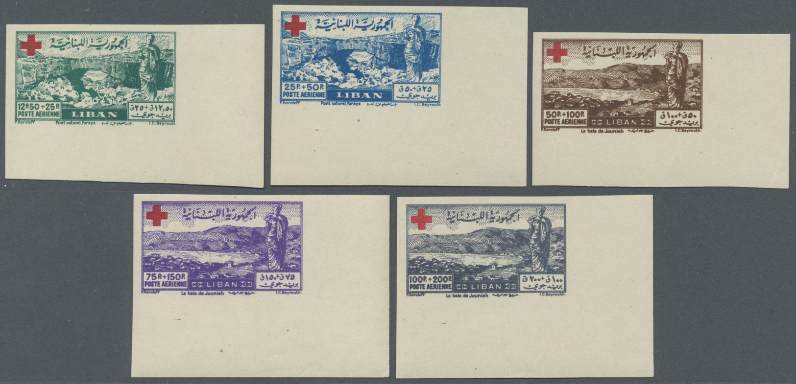 * Libanon: 1947, Red Cross, Complete Set Of Five Values, IMPERFORATE From The Lower Right Corner Of The Sheet, Mint O.g. - Liban