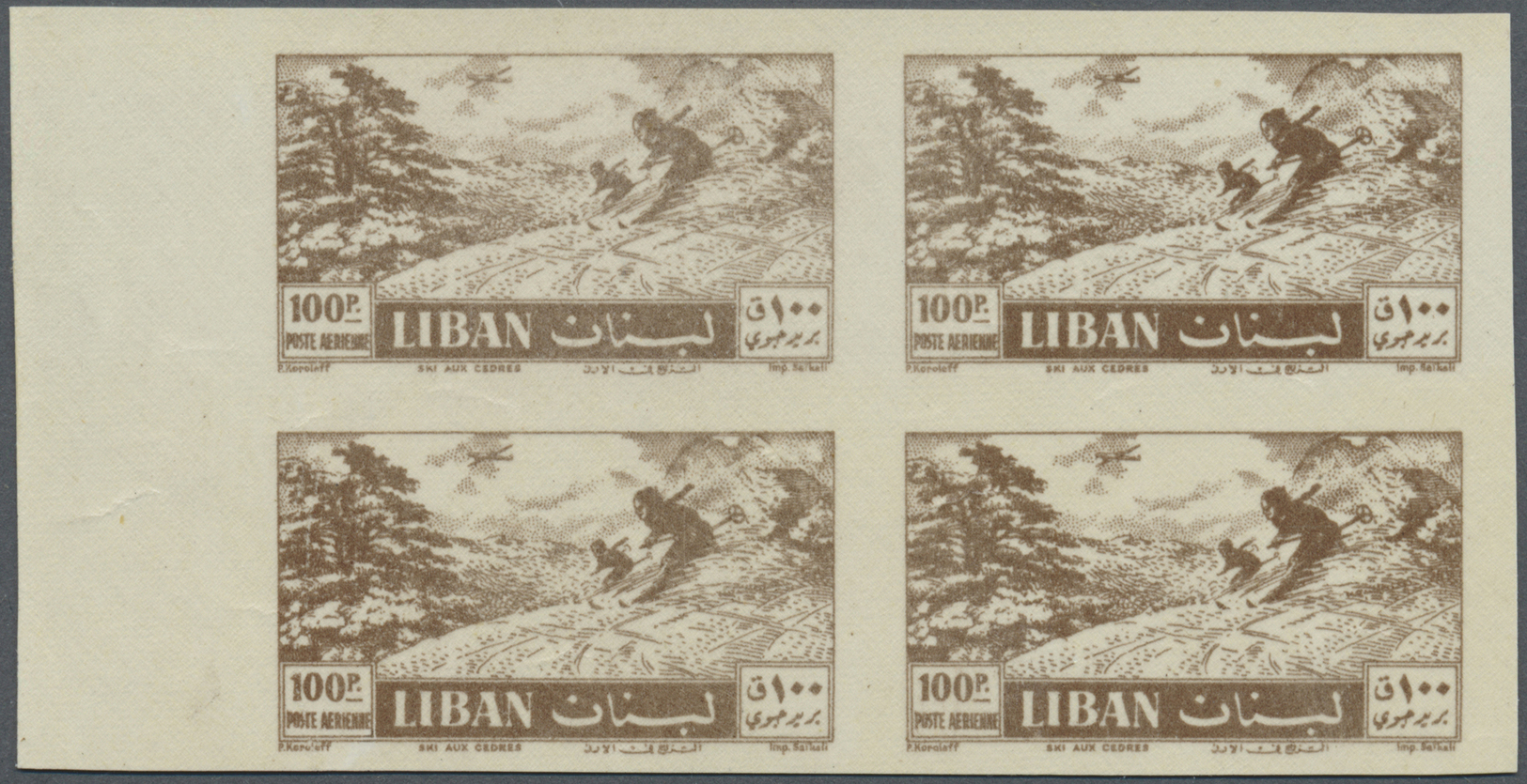 ** Libanon: 1957, Skiing & Tourism 100p. Grey Brown Imperf Margin Block Of Four On Thin Paper, Gummed On Front, Fine And - Lebanon