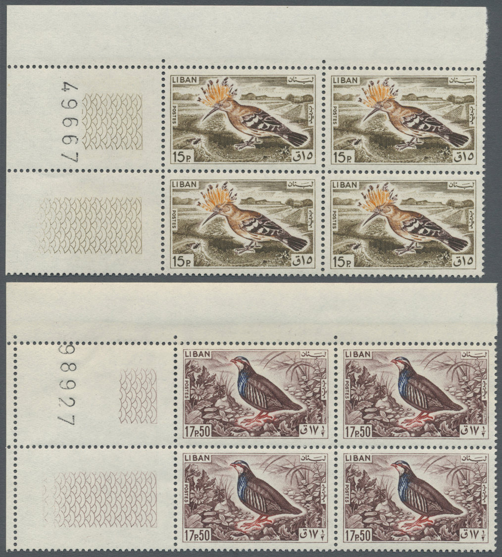 ** Libanon: 1965, Birds, 5pi. To 32.50pi., Complete Set Of Six Values As Marginal Blocks Of Four From The Corner Of The - Liban