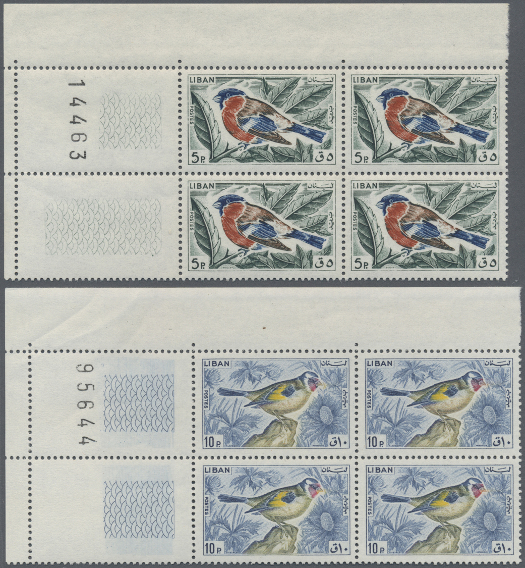 ** Libanon: 1965, Birds, 5pi. To 32.50pi., Complete Set Of Six Values As Marginal Blocks Of Four From The Corner Of The - Liban