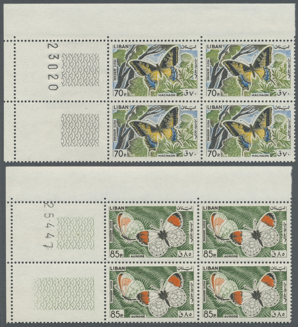 ** Libanon: 1965, Butterflies, 30pi. To 500pi., Complete Set Of Ten Values As Marginal Blocks Of Four From The Corner Of - Lebanon