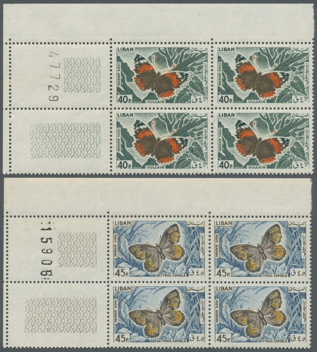 ** Libanon: 1965, Butterflies, 30pi. To 500pi., Complete Set Of Ten Values As Marginal Blocks Of Four From The Corner Of - Lebanon