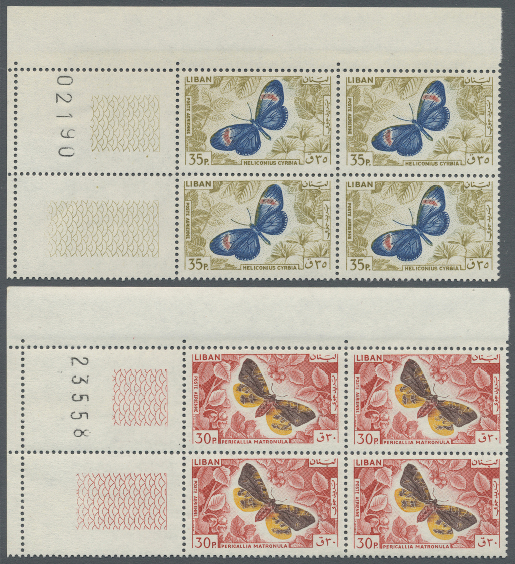 ** Libanon: 1965, Butterflies, 30pi. To 500pi., Complete Set Of Ten Values As Marginal Blocks Of Four From The Corner Of - Lebanon