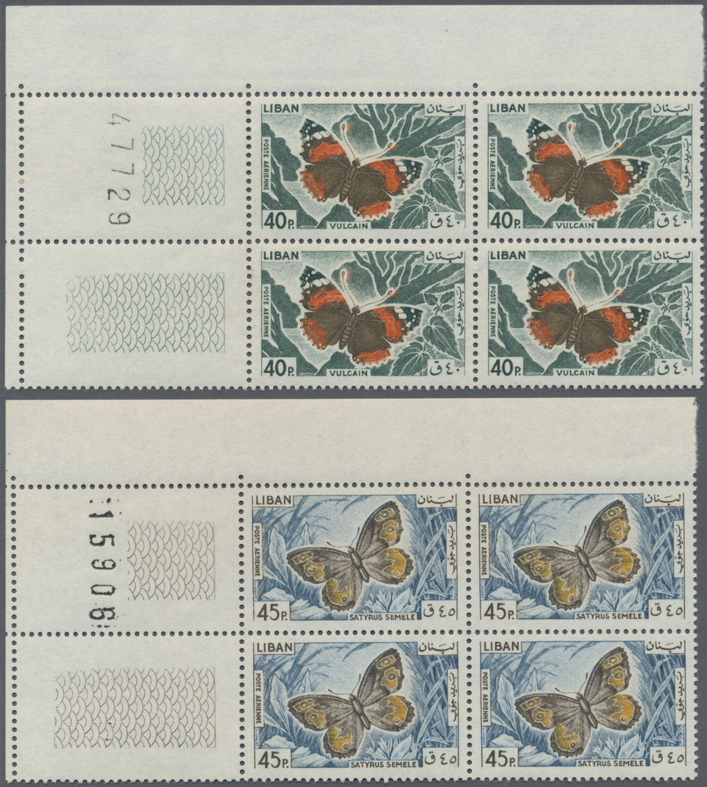 ** Libanon: 1965, Butterflies, 30pi. to 500pi., complete set of ten values as marginal blocks of four from the corner of