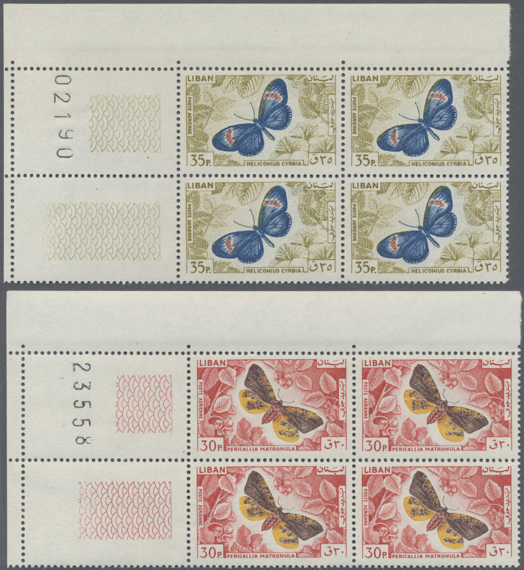 ** Libanon: 1965, Butterflies, 30pi. to 500pi., complete set of ten values as marginal blocks of four from the corner of