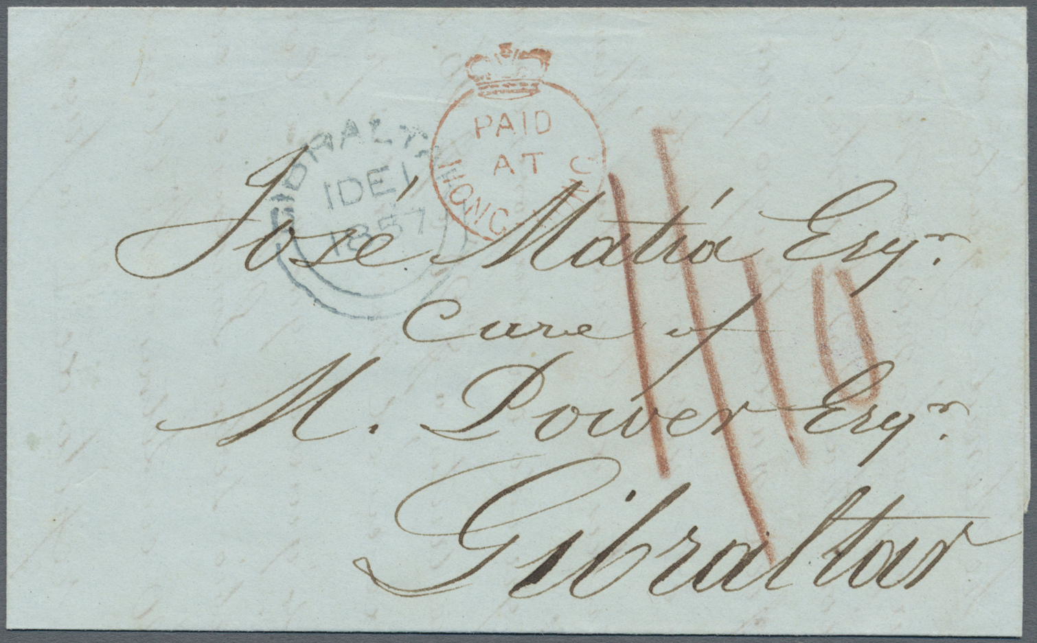 Br Macau: 1857. Stampless Envelope Written From Macau Dated '22nd Sept 1857' Addressed To 'Jose Matia, Cadiz, Spain Via - Autres & Non Classés