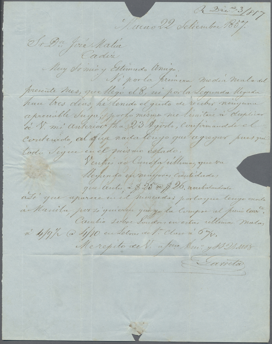 Br Macau: 1857. Stampless Envelope Written From Macau Dated '22nd Sept 1857' Addressed To 'Jose Matia, Cadiz, Spain Via - Autres & Non Classés