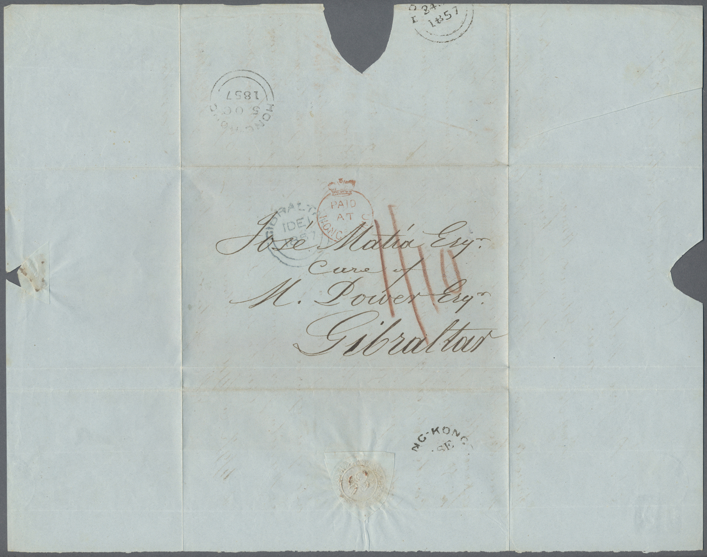 Br Macau: 1857. Stampless Envelope Written From Macau Dated '22nd Sept 1857' Addressed To 'Jose Matia, Cadiz, Spain Via - Other & Unclassified
