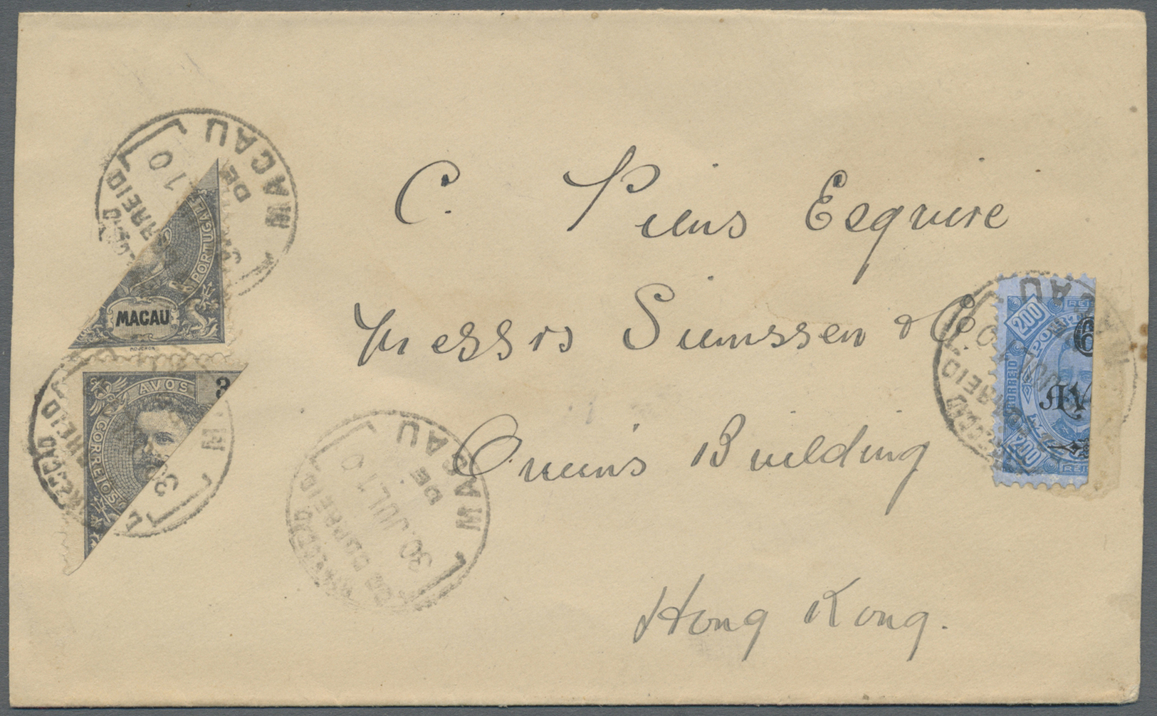 Br Macau: 1910, 6A./200 R. Bisect And 3 A. Bisect (pair) Tied "MACAU 30 JUL 10" To Hong Kong, On Reverse "CUS(TOMS) LAPP - Other & Unclassified