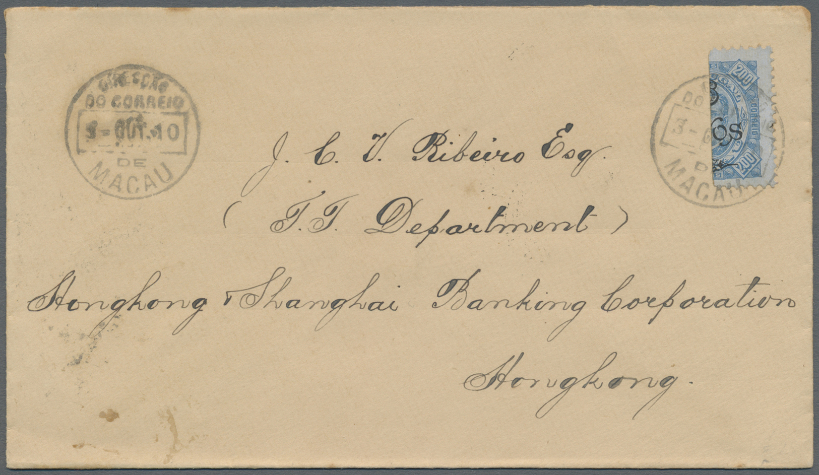 Br Macau: 1910, Bisect Of 6 A./200 Rs. Tied "MACAU 2 OCT 10" To Cover To HSBC Hong Kong With Next Day Arrival On Reverse - Autres & Non Classés