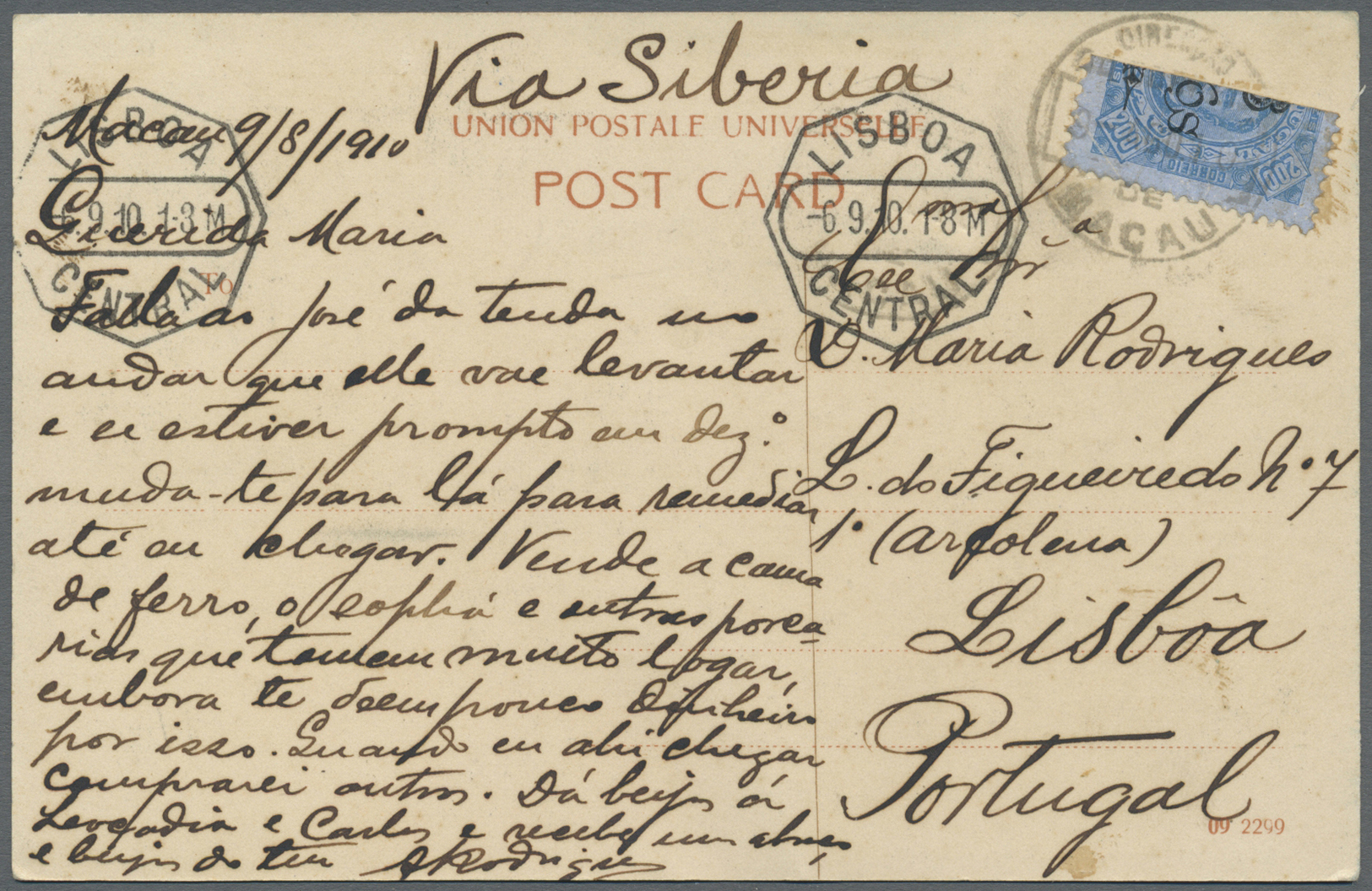 Macau: 1910, Bisect Of 6 A./200 Rs. Tied "MACAU 9 AGO 10" To Ppc "Praia Grande" Via Siberia To Portugal, Arrival "LISBOA - Autres & Non Classés