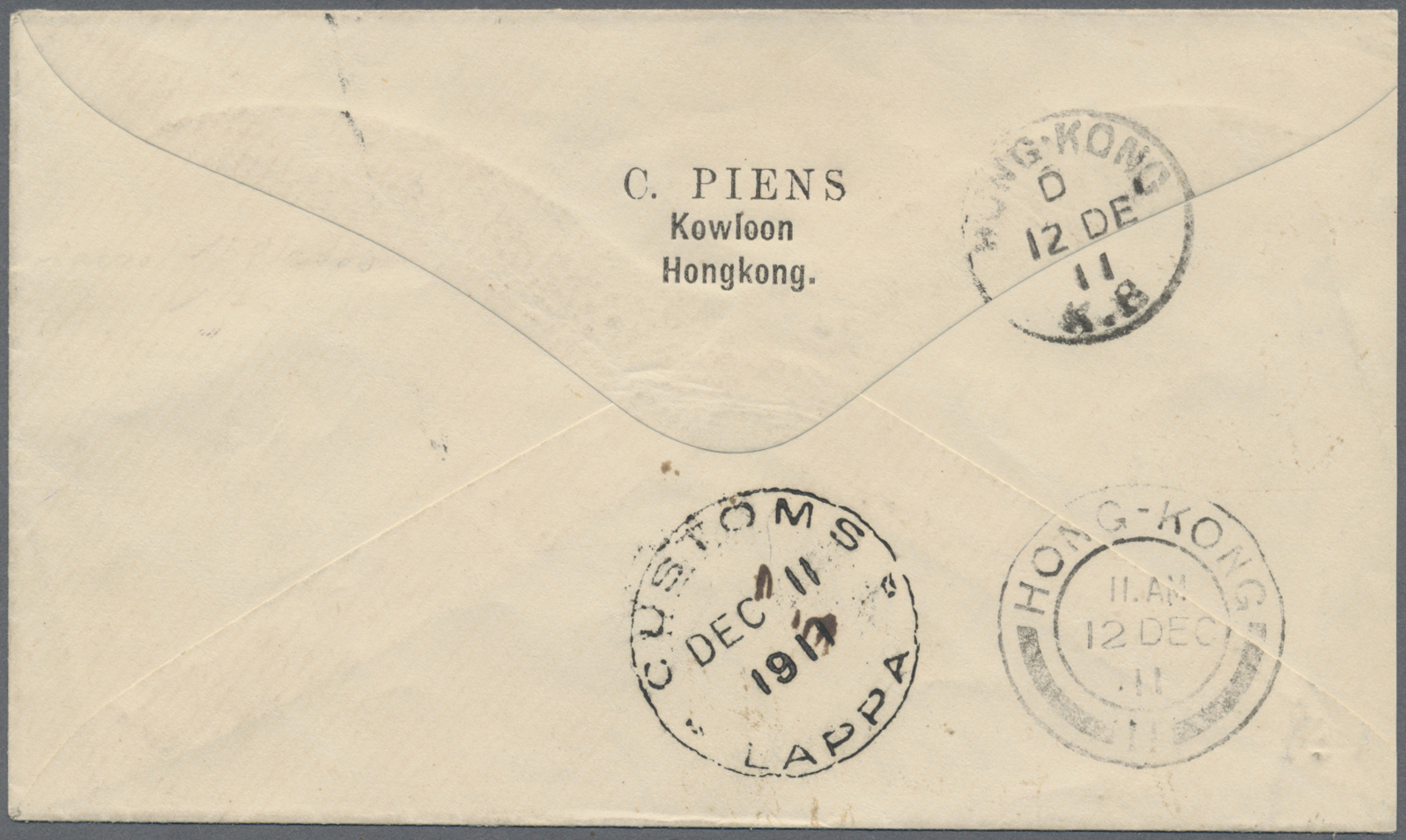 Br Macau: 1911, 2 Avos/4 A. Bisect Tied "MACAU 11 DEZ. 11" To Cover To Kowloon/Hong Kong, On Reverse Clear "CUSTOMS LAPP - Autres & Non Classés