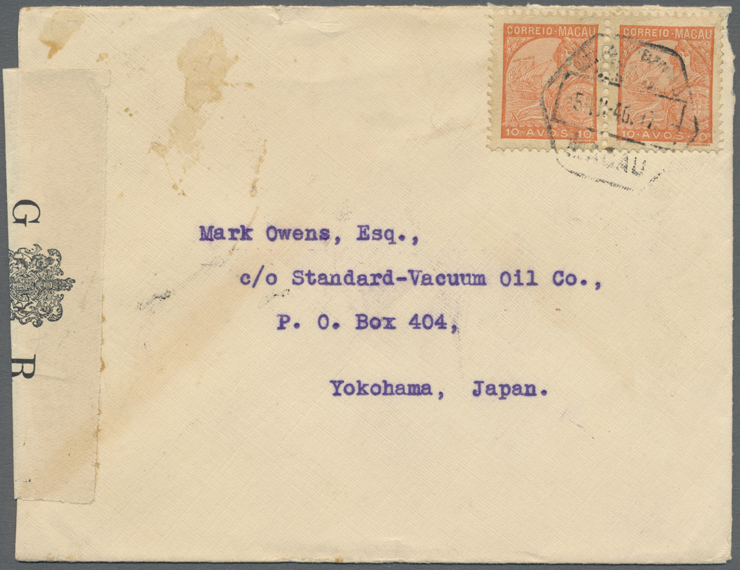 Br Macau: 1934, 10 A. Horizontal Pair Tied "MACAU 5-VII 40" To Cover To Yokohama/Japan, Hong Kong Next Day Transit Mark - Other & Unclassified