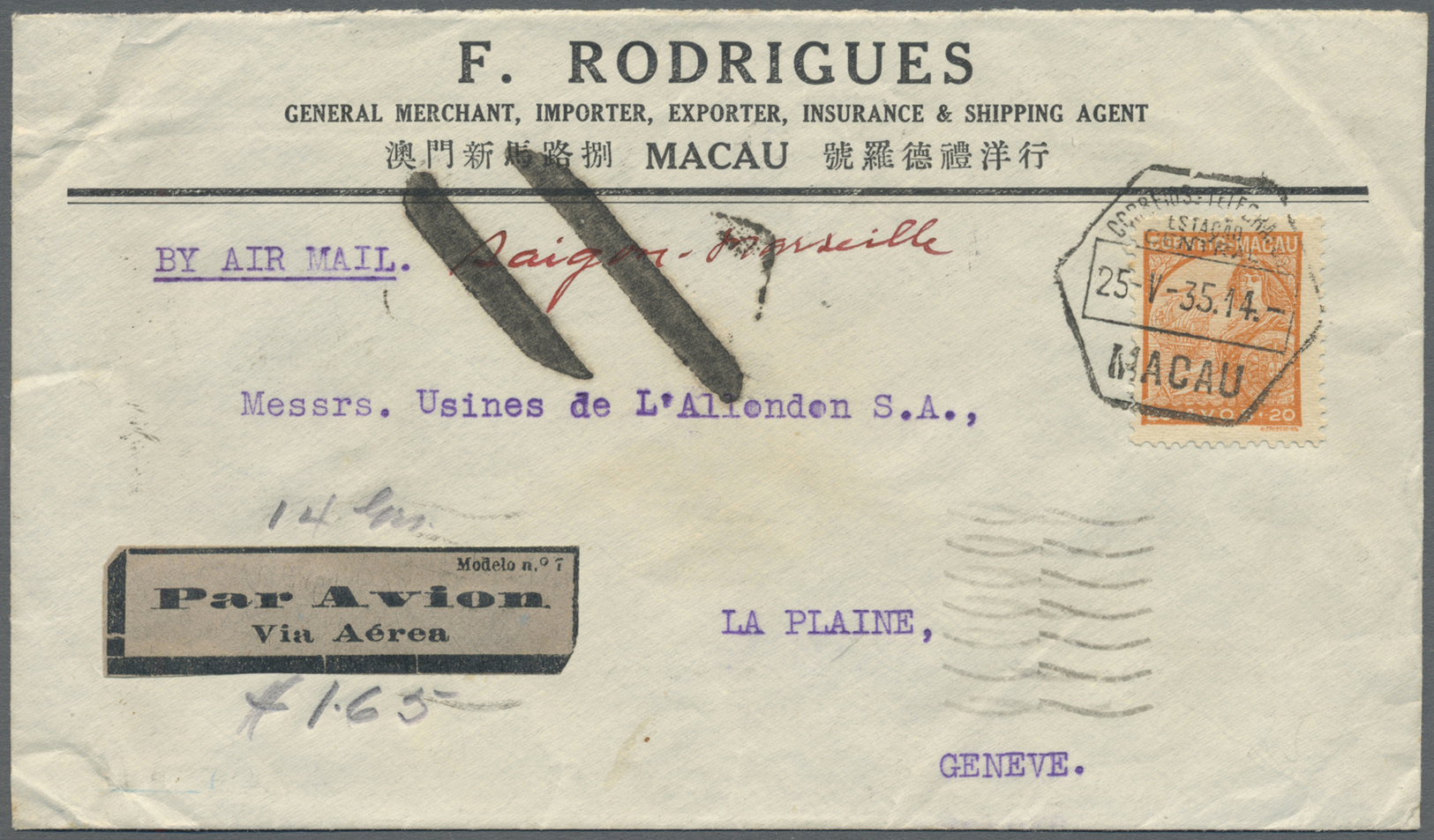 Br Macau: 1935, 20 A. Tied "MACAU 25-V-35" To Air Mail Cover Endorsed "Saigon-Marseille" To Geneva/Switzzerland, Endorse - Autres & Non Classés